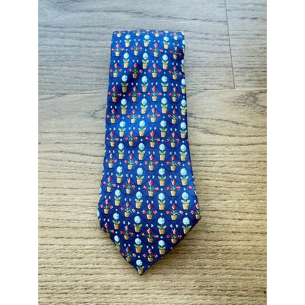 Hermes Paris Mens Blue‎ Silk Tie Potted Flowers Topiary Floral 7692 OA France